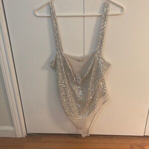 Free People Cream Sequin Sleeveless Bodysuit